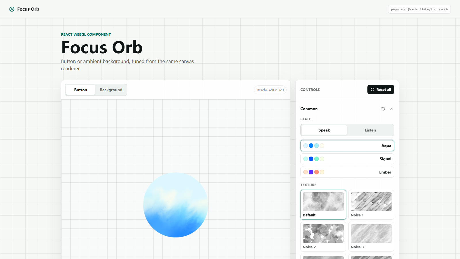 Focus Orb Playground controls and WebGL orb
