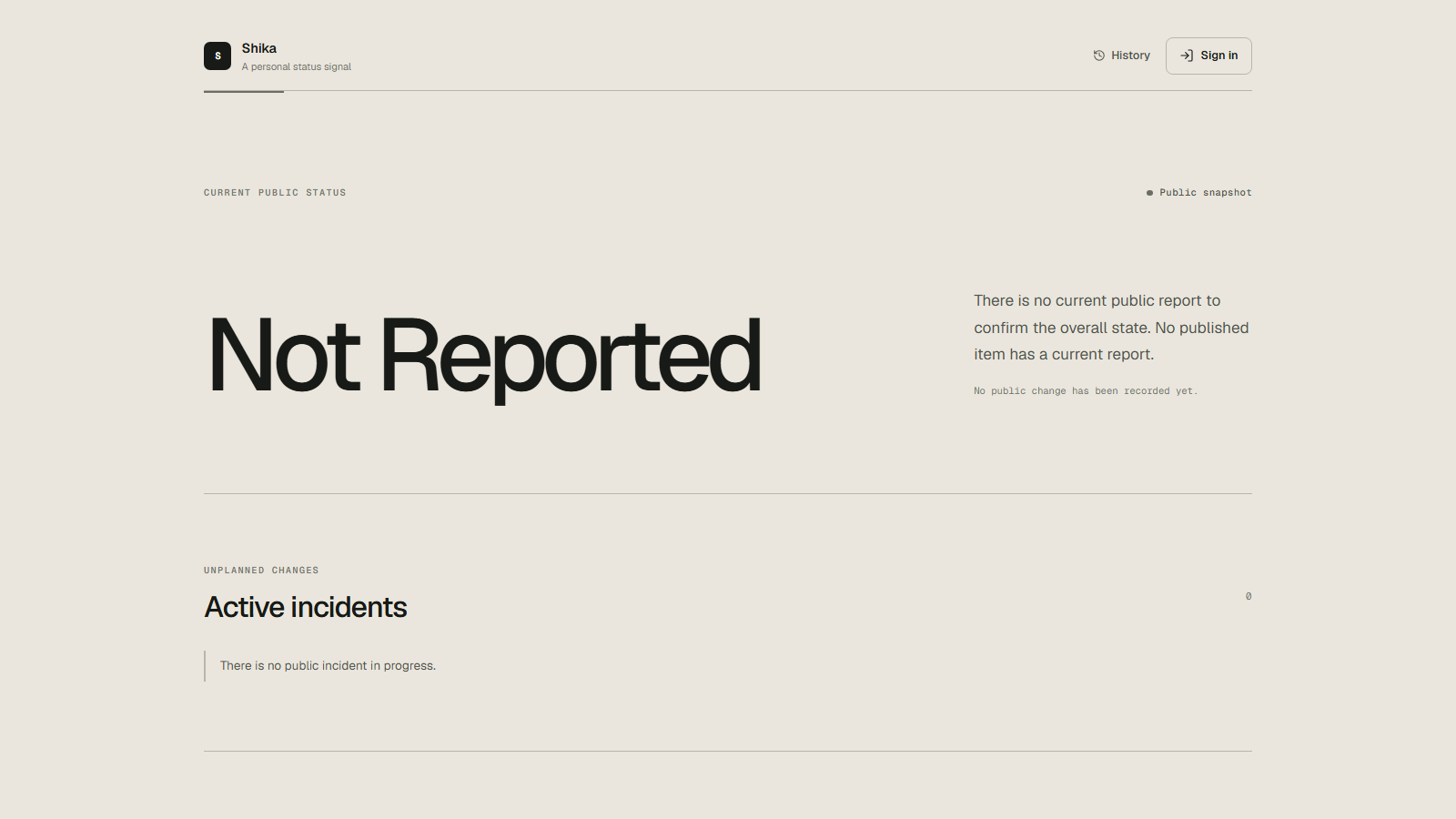 Shika public status page showing an unreported state and no active incidents